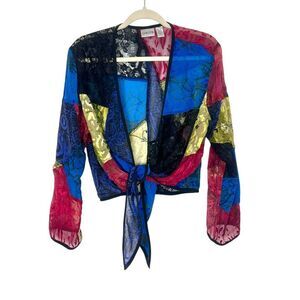 Chico's Silk Lace patchwork Top Women Large Multicolor Velvet Tie Front blouse 2